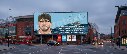 Retrotext mug featuring Eric Cantona illustration and his famous seagulls and sardines quote on a glossy white finish