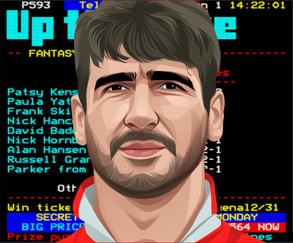 Retrotext illustration of Eric Cantona in front of a 1990s teletext screen featuring football match information