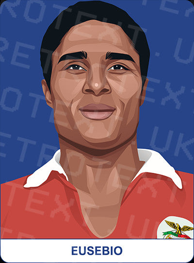 Retrotext Everton Goodison Park mug featuring a detailed illustration of football legend Eusebio in a red kit