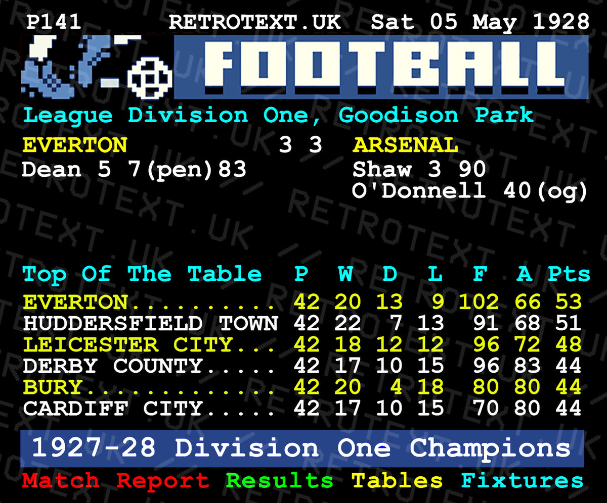 Retrotext Everton 1928 Dixie Dean 60 goals ceramic mug featuring a vintage teletext football league table graphic