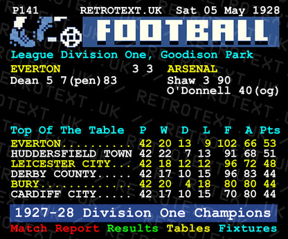 Retrotext Everton 1928 Dixie Dean 60 goals ceramic mug featuring a vintage teletext football league table graphic