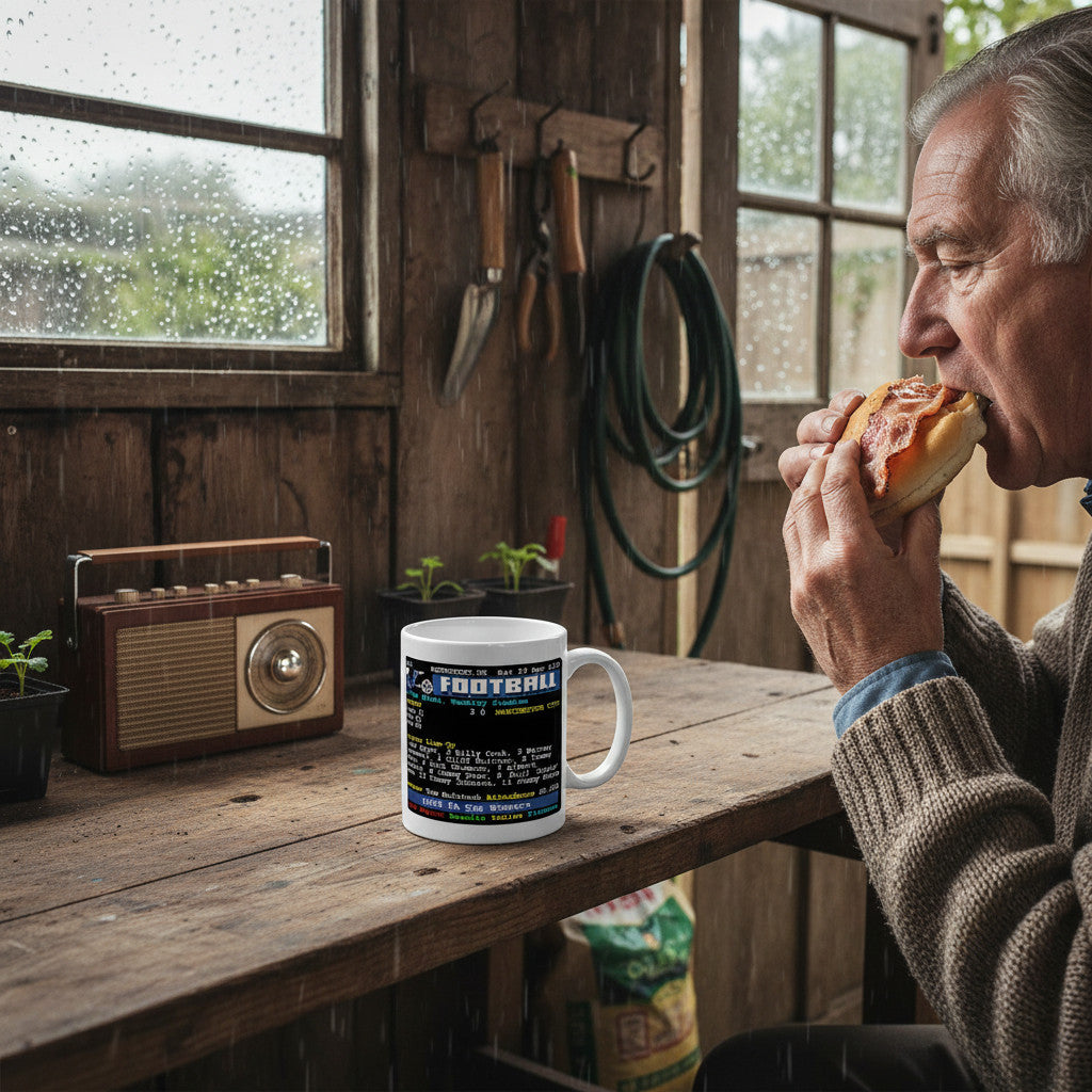 Retrotext Everton 1933 FA Cup Winners ceramic mug featuring teletext match details held by a man in a rustic shed