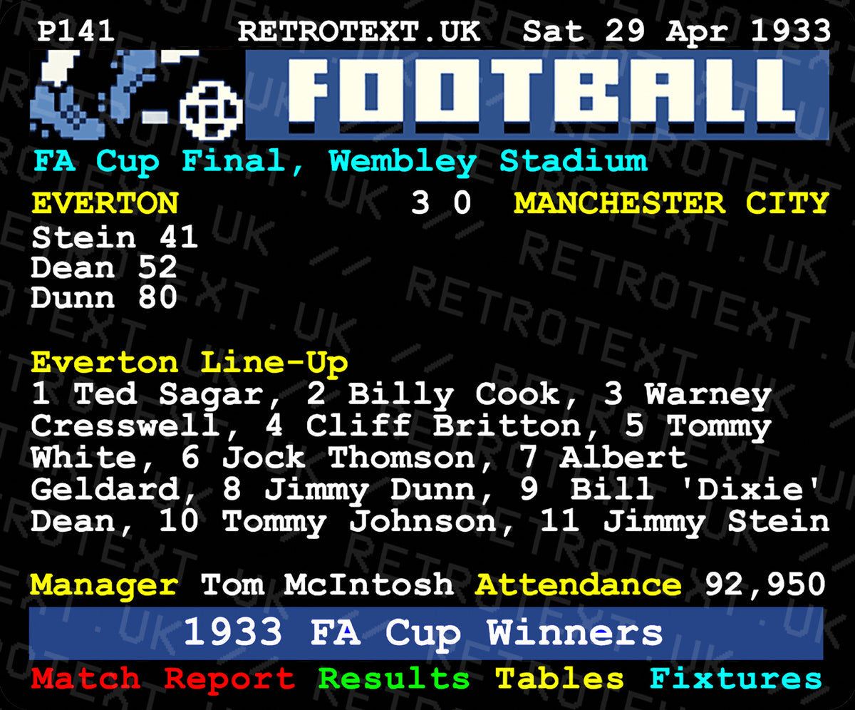 Retrotext Everton 1933 FA Cup Winners mug featuring a blue and yellow teletext graphic of the historic match details