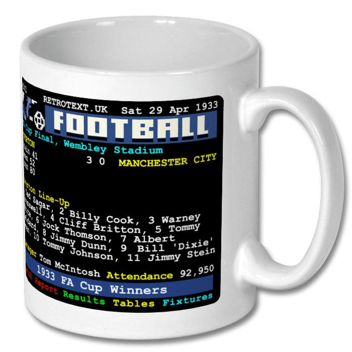 Retrotext Everton 1933 FA Cup Winners ceramic mug featuring a vintage teletext match report graphic