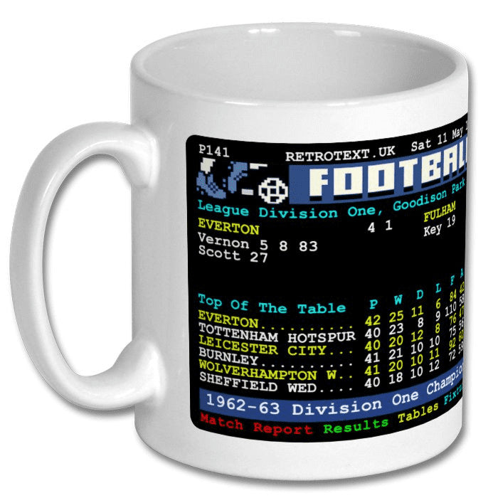 Retrotext Everton 1962-63 Division One Champions ceramic mug featuring a vintage teletext football league table design.