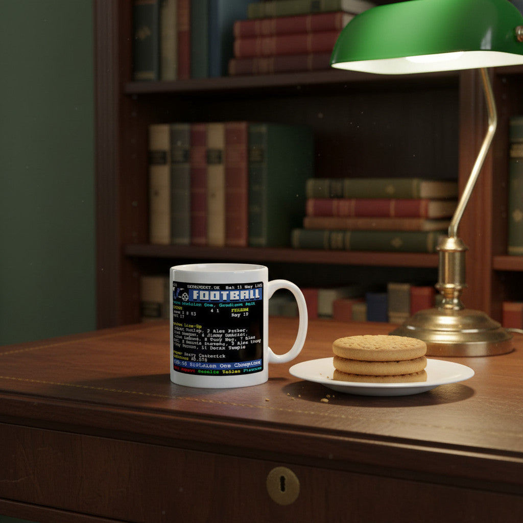 Retrotext Everton 1962-63 Division One Champions ceramic mug with teletext football graphic on a wooden desk