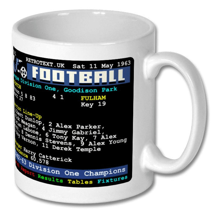 Retrotext Everton 1962-63 Division One Champions ceramic mug featuring a vintage teletext football score graphic