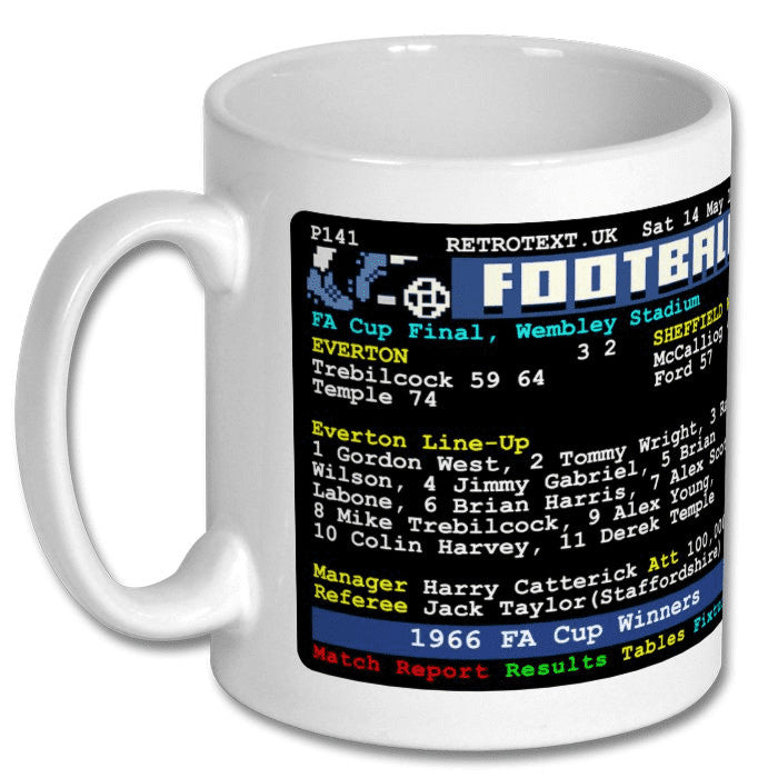 Retrotext Everton 1966 FA Cup winners glossy white 11oz mug featuring a vintage teletext match report design