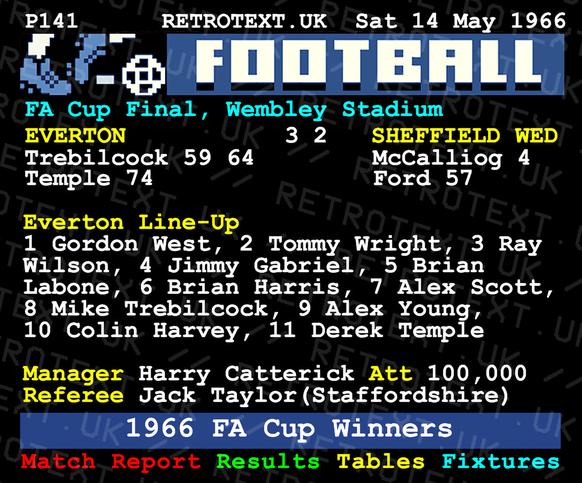 Retrotext Everton 1966 FA Cup final teletext ceramic mug featuring Derek Temple and the historic match scoreline