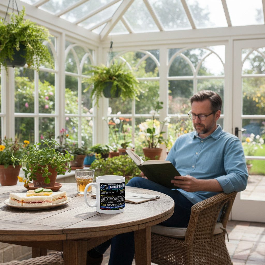 Retrotext Everton 1966 FA Cup Derek Temple teletext ceramic mug on a wooden table in a sunlit conservatory