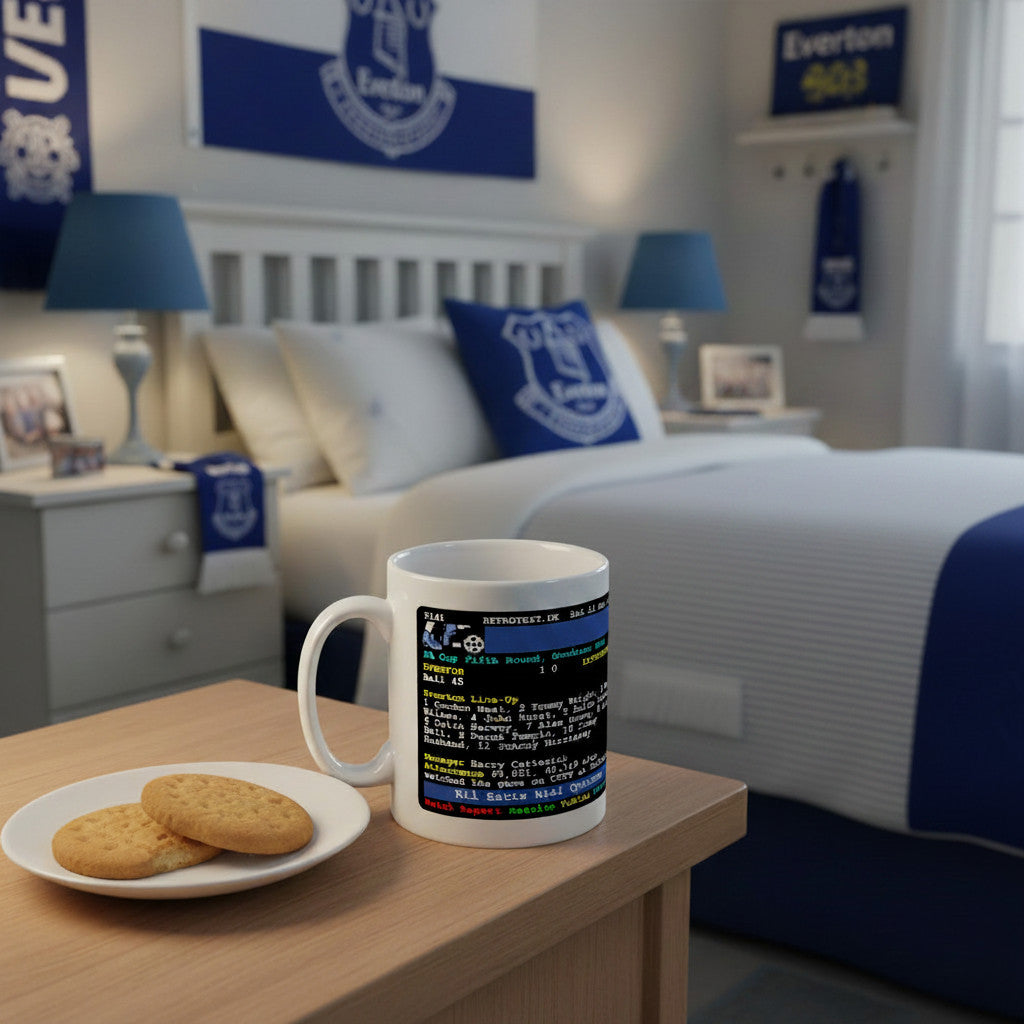 Retrotext Everton 1967 Alan Ball teletext mug on a wooden table with biscuits in a blue-themed Everton bedroom.