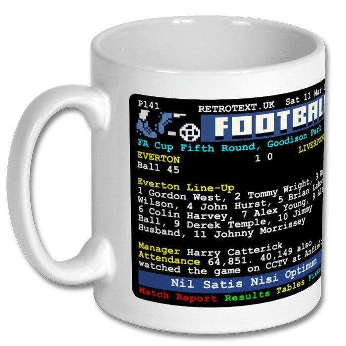 Retrotext Everton 1967 Alan Ball goal mug featuring a vintage teletext football match report design on white ceramic.