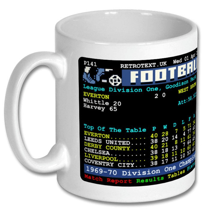 Retrotext Everton 1970 Division One Champions ceramic mug featuring a vintage teletext football league table graphic