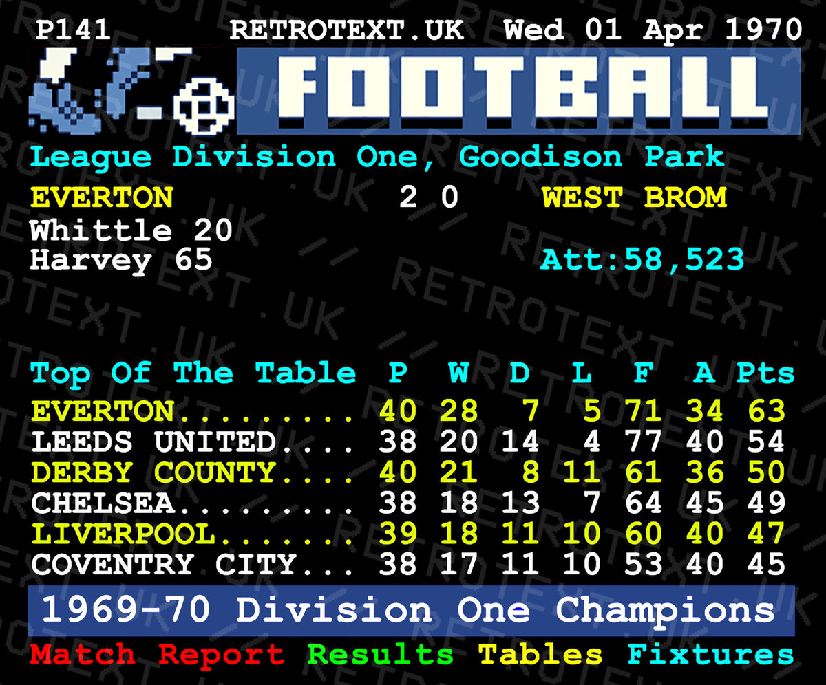 Retrotext Everton 1970 Division One Champions ceramic mug featuring a nostalgic blue and white teletext league table
