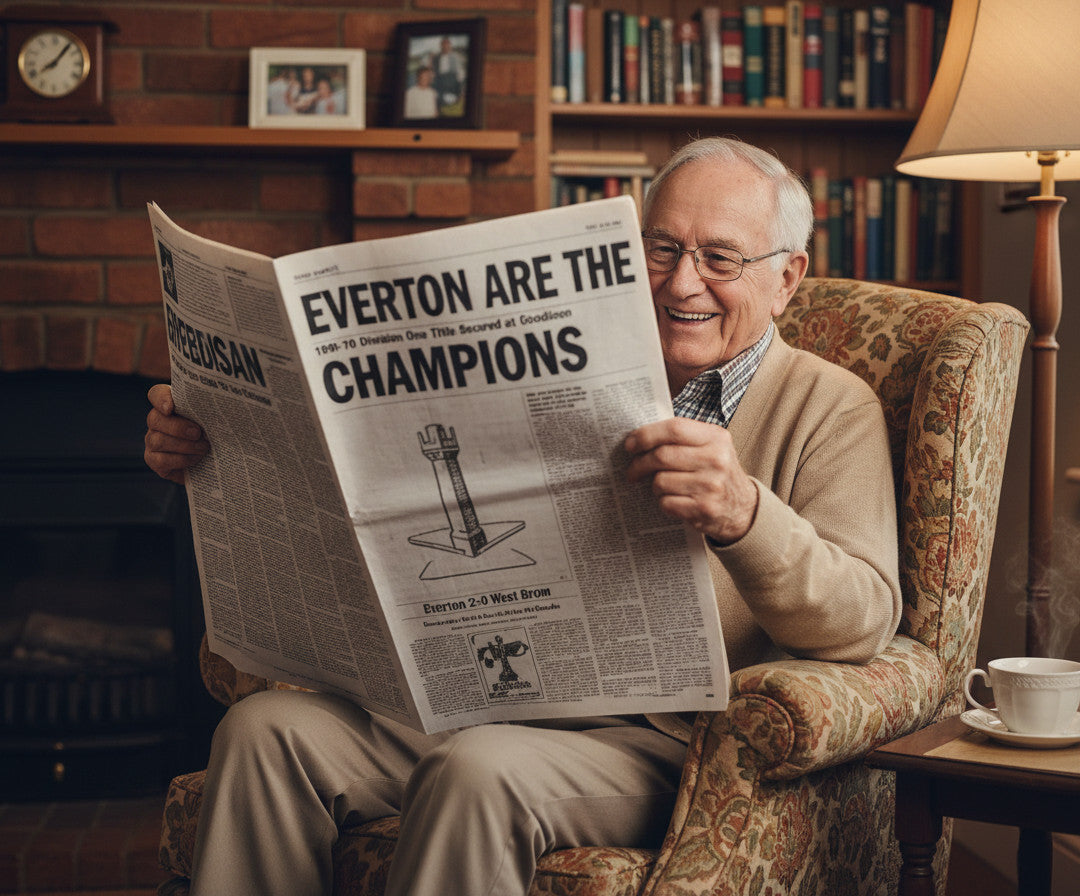 Retrotext Everton 1970 Champions mug featuring a newspaper print design, displayed on a table next to an elderly man.