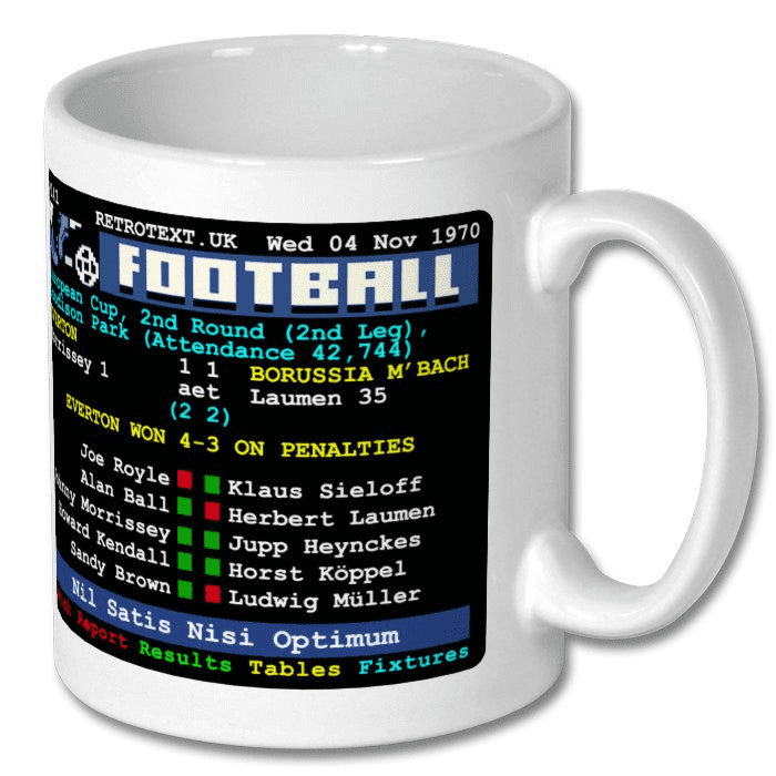 Retrotext white ceramic mug featuring a 1970 Everton vs Borussia Moenchengladbach teletext match score graphic