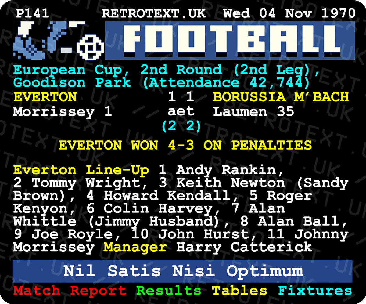 Retrotext Everton 1970 vs Borussia Moenchengladbach ceramic mug featuring a vintage teletext match report design.