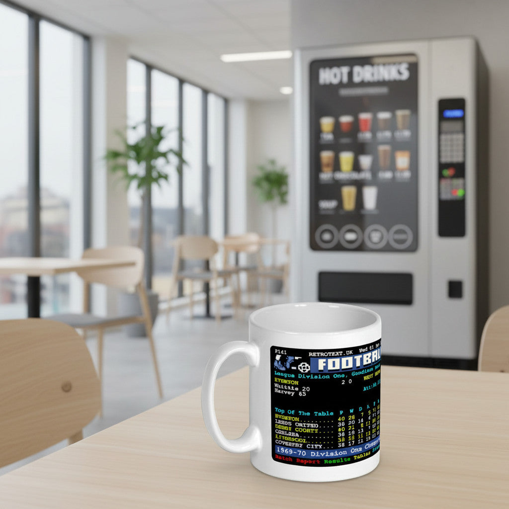 Retrotext Everton 1970 Division One Champions teletext mug featuring football league table on a white glossy ceramic