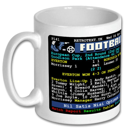 Retrotext Everton 1970 vs Borussia Moenchengladbach teletext ceramic mug featuring historic match score and line-up