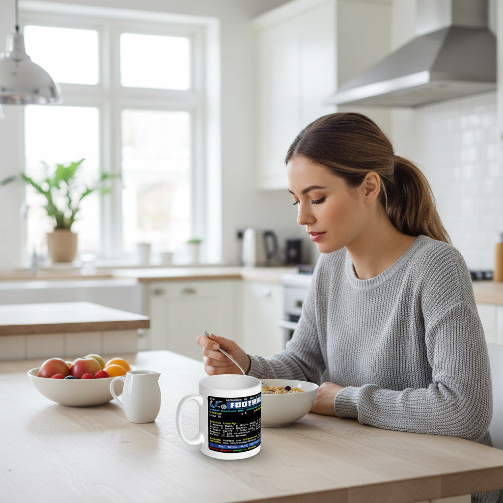 Retrotext ceramic mug featuring 1978 Everton Andy King goal teletext graphic on a table with a woman eating breakfast