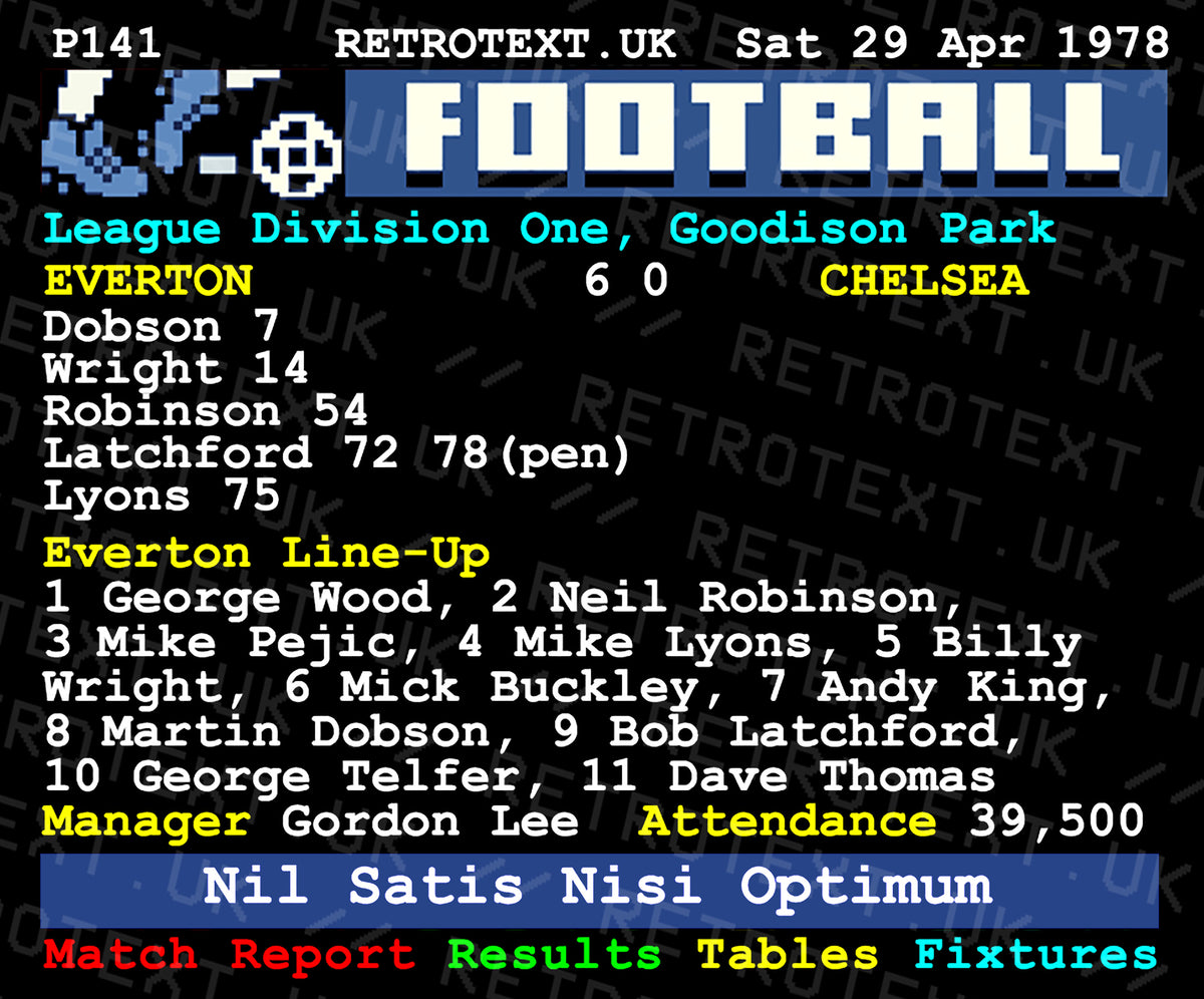 Retrotext Everton 1978 Bob Latchford teletext style ceramic mug featuring a 6-0 match report against Chelsea
