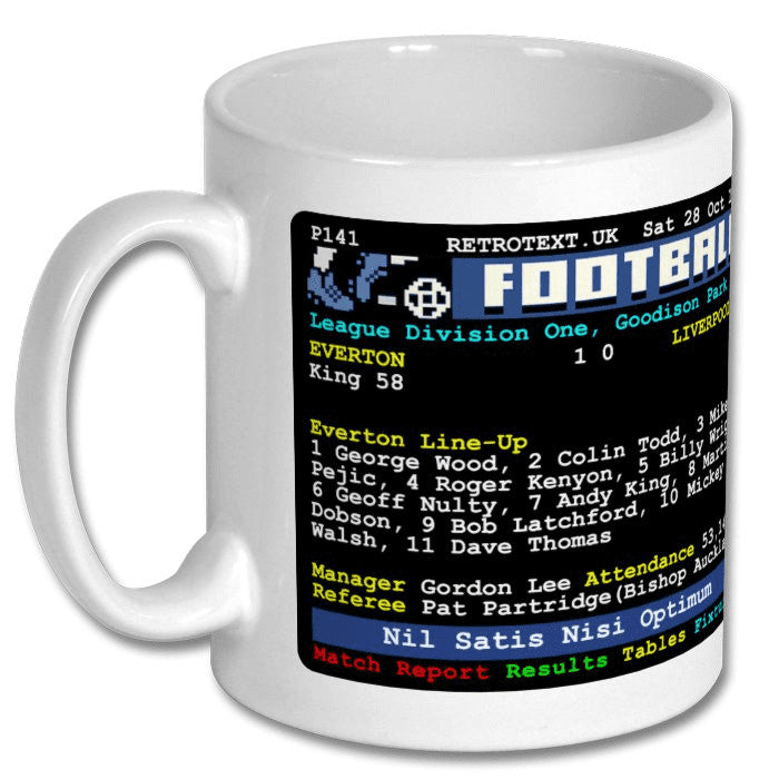 Retrotext Everton 1978 Andy King winning goal ceramic mug featuring a nostalgic teletext match report graphic
