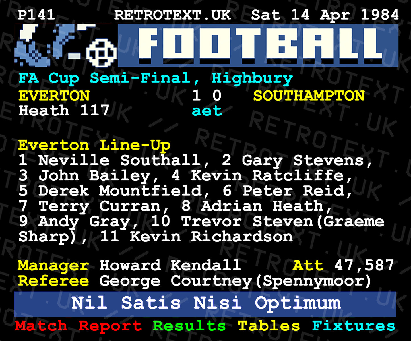 Retrotext Everton 1984 FA Cup semi-final teletext mug featuring match stats and player lineup on a glossy white finish