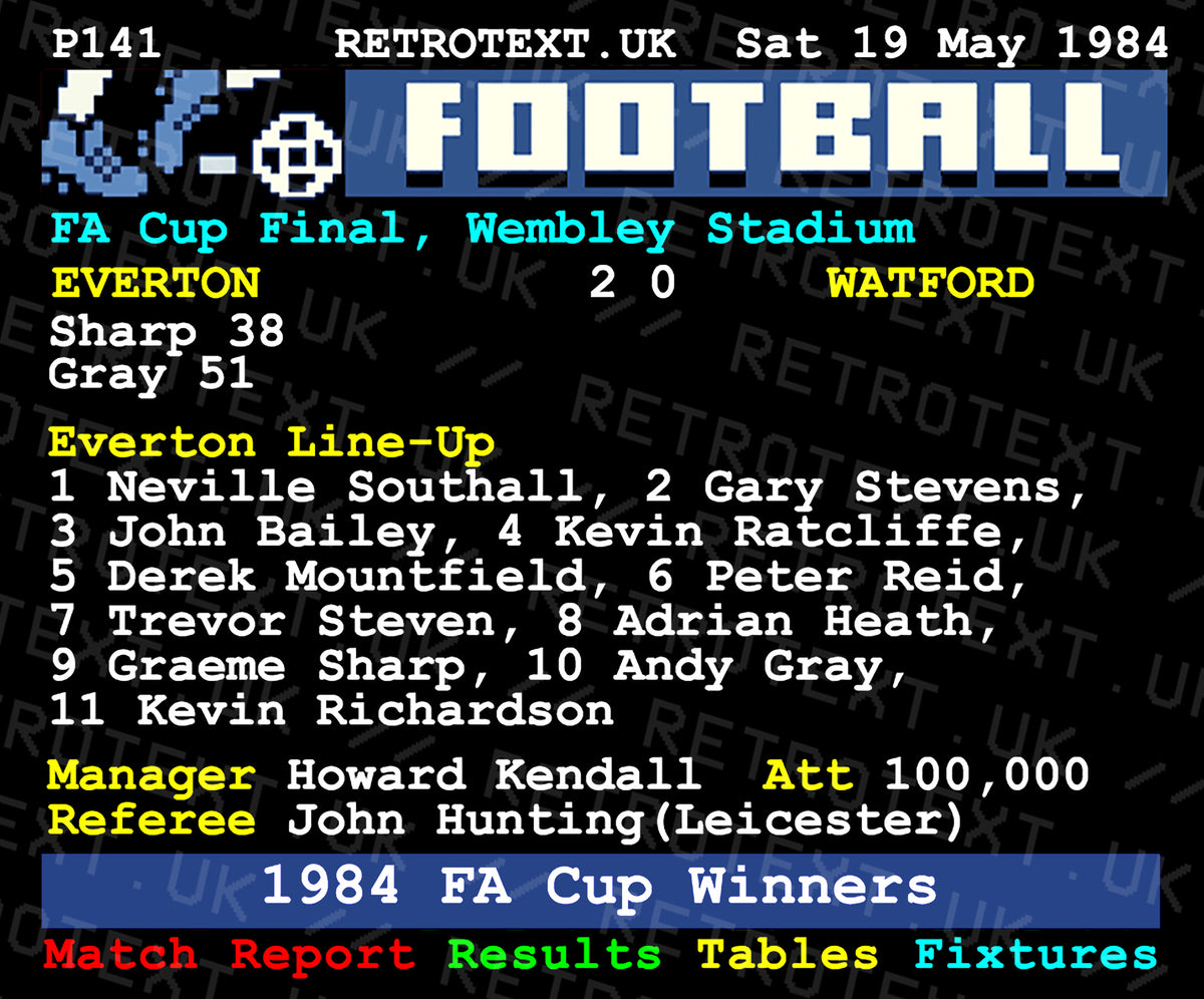 Retrotext Everton 1984 FA Cup winners ceramic mug featuring a retro teletext match report design