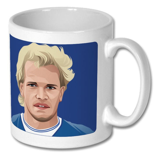 Retrotext Everton 1984 FA Cup winner ceramic mug featuring a retro teletext style player portrait illustration