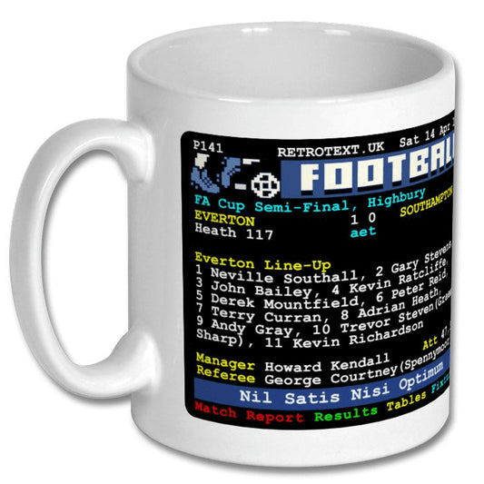 Retrotext white ceramic mug featuring 1984 Everton FA Cup semi-final teletext match report and team lineup