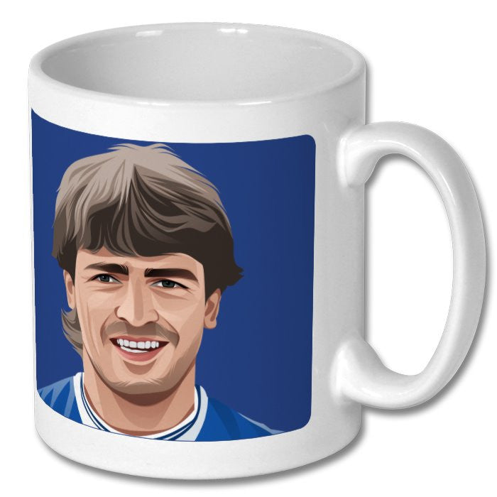 Retrotext Everton 1984 FA Cup mug featuring a glossy white ceramic finish and a player illustration on blue background