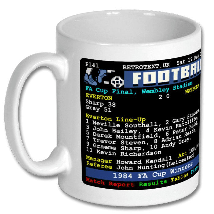 Retrotext Everton 1984 FA Cup winners ceramic mug featuring a retro teletext match report design on white background