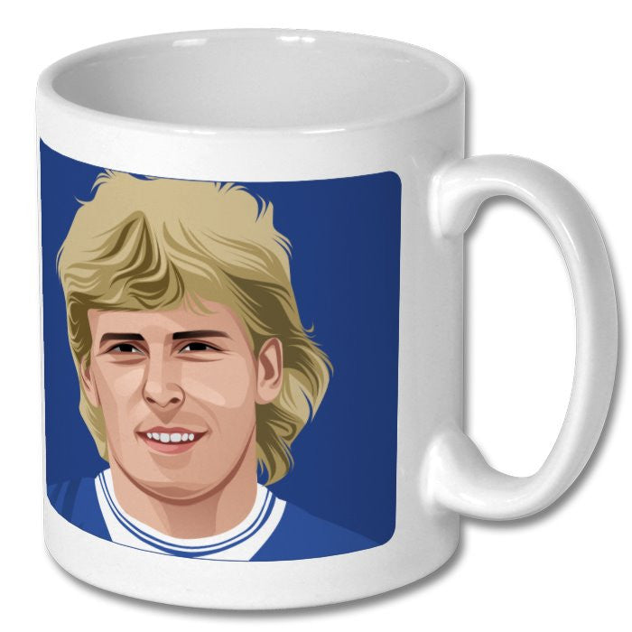 Retrotext Everton 1984 FA Cup semi-final glossy white ceramic mug featuring a player illustration