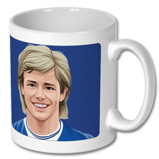 Retrotext Everton 1984 themed 11oz glossy white ceramic mug featuring a vintage player illustration on a blue background