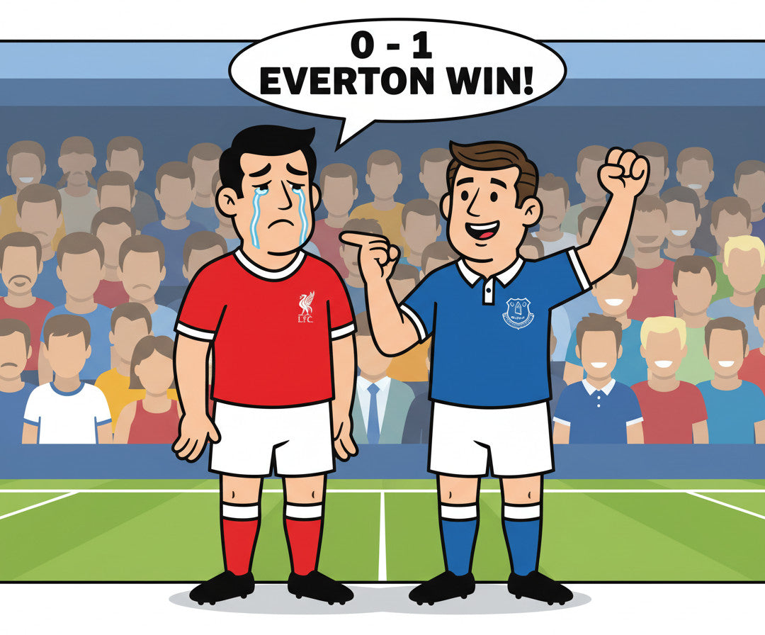 Retrotext Everton 1984 Graeme Sharp mug design featuring a cartoon of a celebrating Everton fan and a crying Liverpool fan