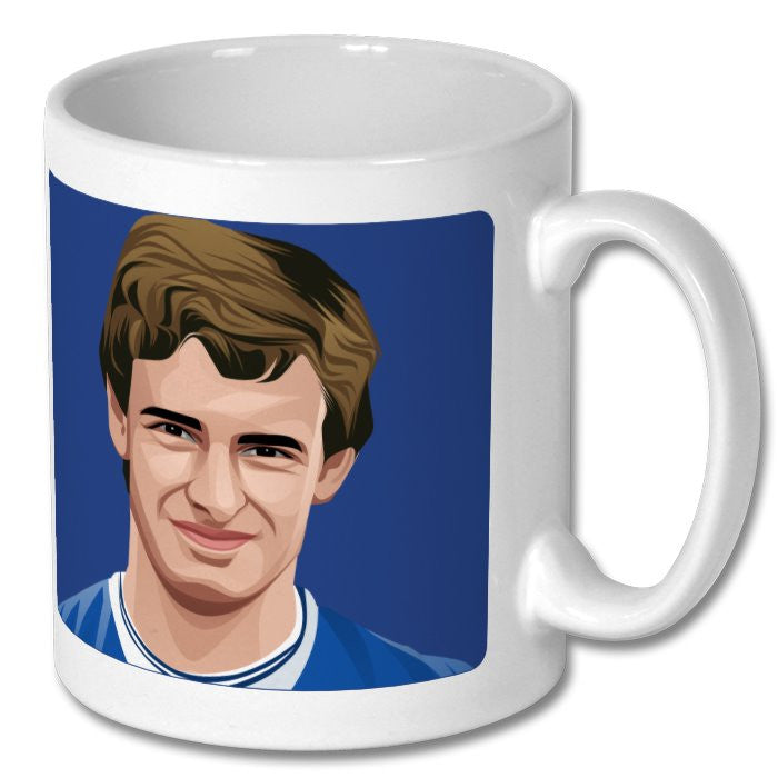 Retrotext 11oz glossy white ceramic mug featuring a vintage Everton football player illustration on a blue background