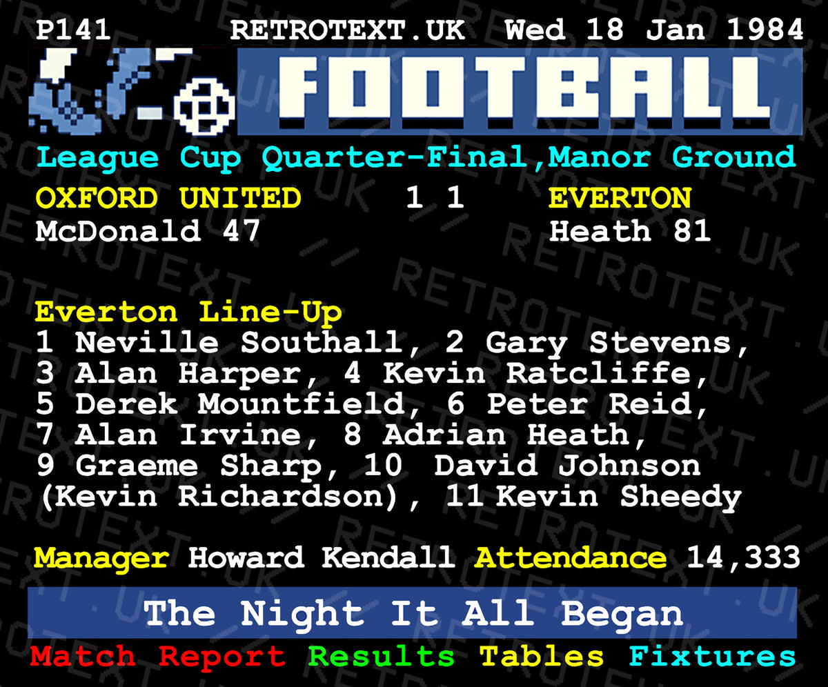 Retrotext Everton 1984 vs Oxford United Teletext mug featuring the historic match lineup and score details.