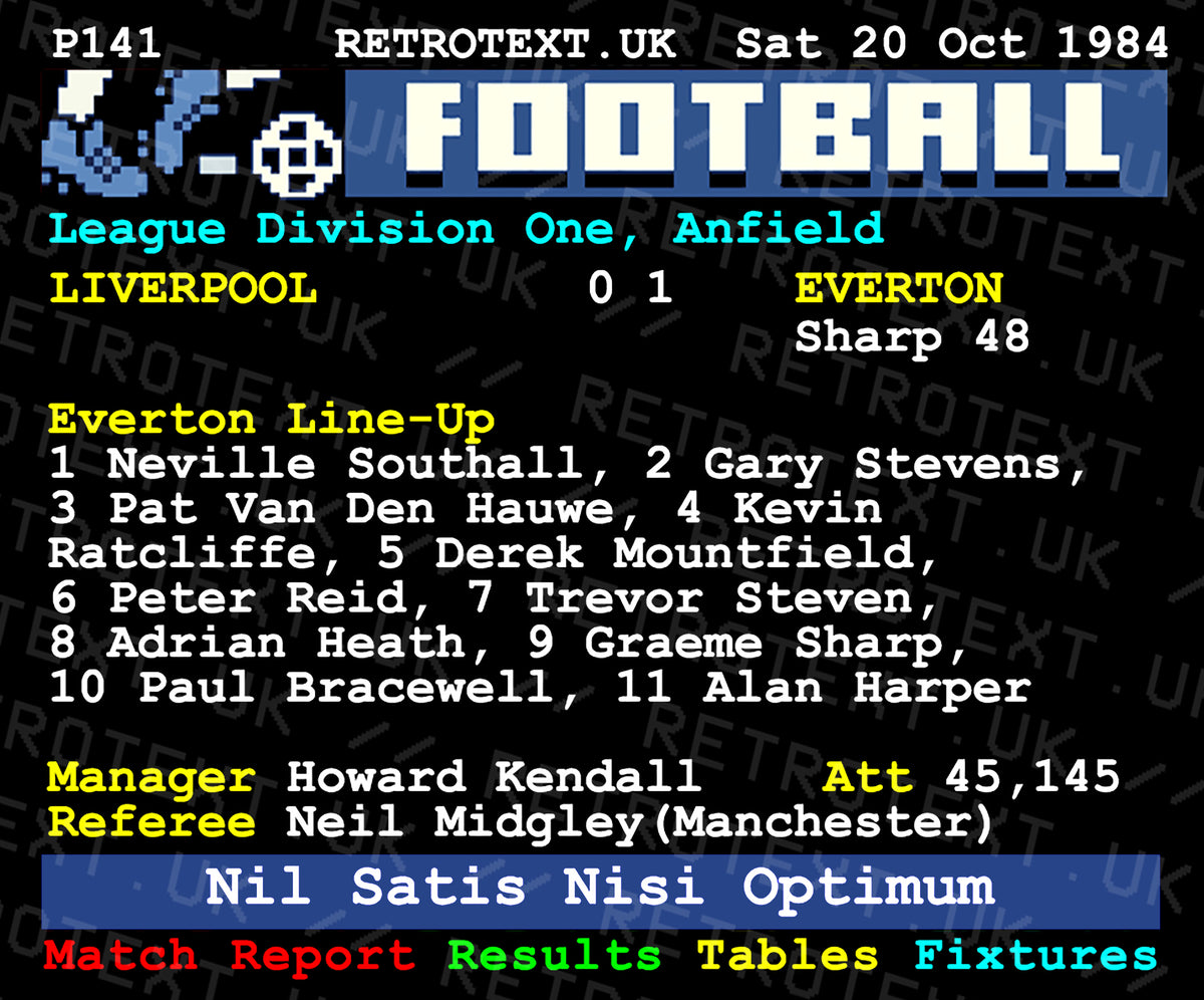 Retrotext Everton 1984 Graeme Sharp goal teletext style ceramic mug featuring match details and team line-up