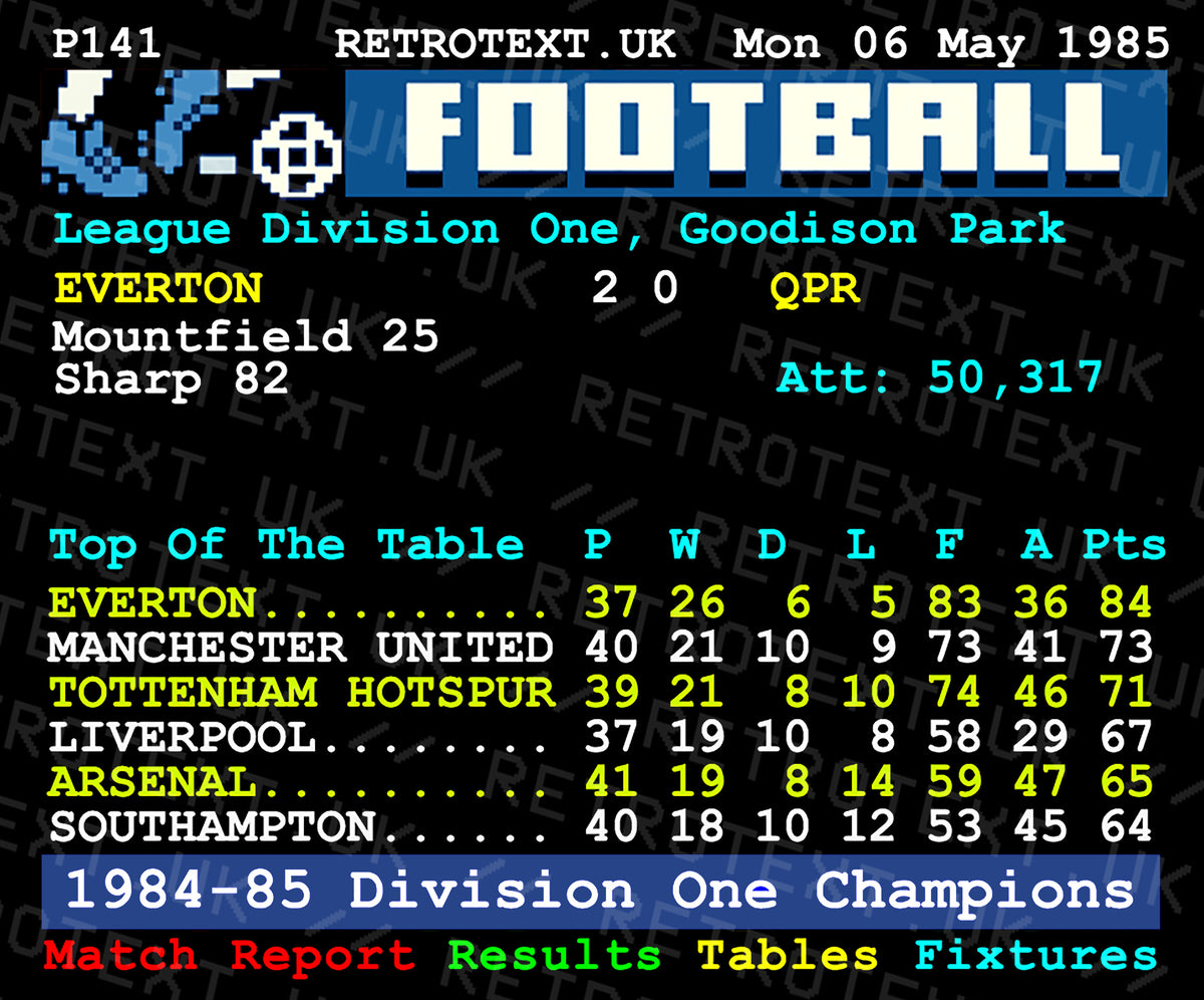 Retrotext Everton 1985 Division One Champions teletext mug featuring a vintage football league table graphic