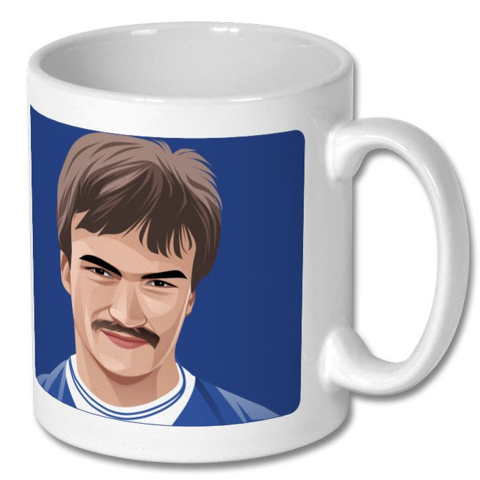 Retrotext Everton 1985 Champions mug featuring a stylized illustration of a football player on a glossy white ceramic