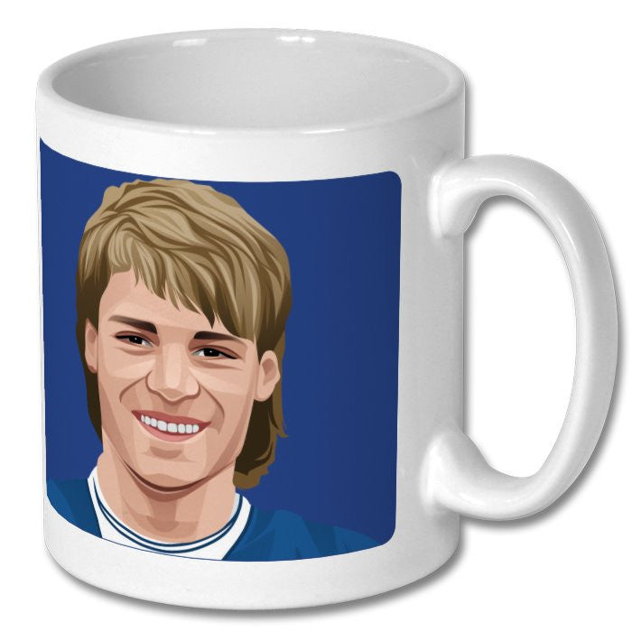 Retrotext Everton 1985 ECWC mug featuring a player illustration on a glossy white 11oz ceramic finish