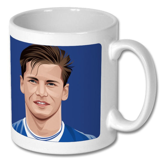 Retrotext Everton 1985 football mug featuring a player illustration on a glossy white 11oz ceramic background