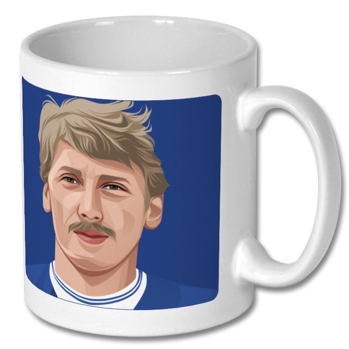 Retrotext Everton 1985 football player portrait on a glossy white 11oz ceramic mug with a blue background