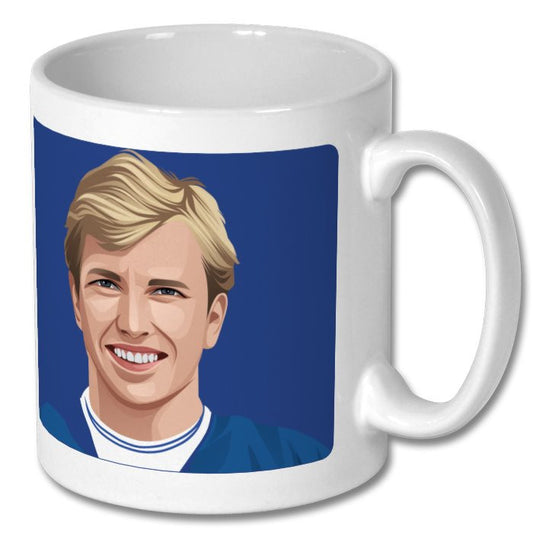 Retrotext white 11oz ceramic mug featuring a graphic illustration of an Everton player from the 1985 ECWC semi-final.