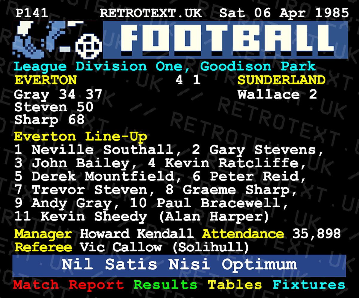 Retrotext Everton 1985 4-1 Sunderland Teletext mug featuring match report details and player lineup in white text