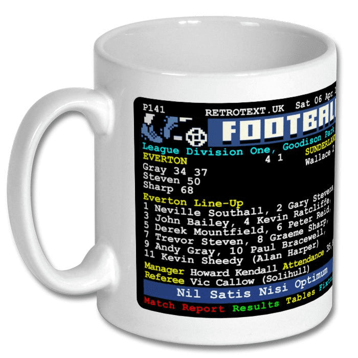 Retrotext white 11oz ceramic mug featuring a 1985 Everton vs Sunderland football teletext match report graphic