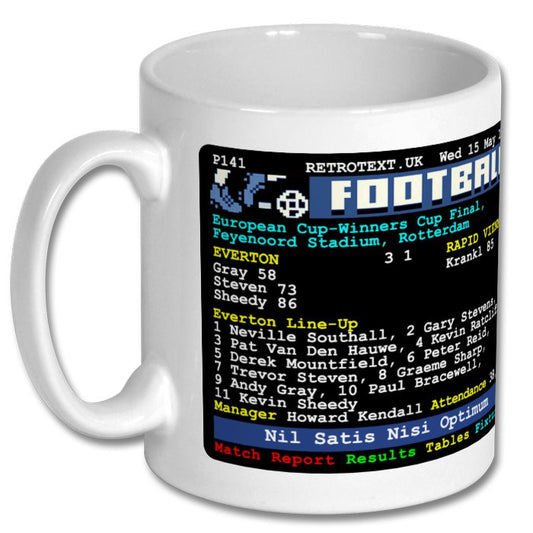 Retrotext Everton 1985 ECWC final teletext mug featuring match stats and player lineup on a glossy white ceramic cup