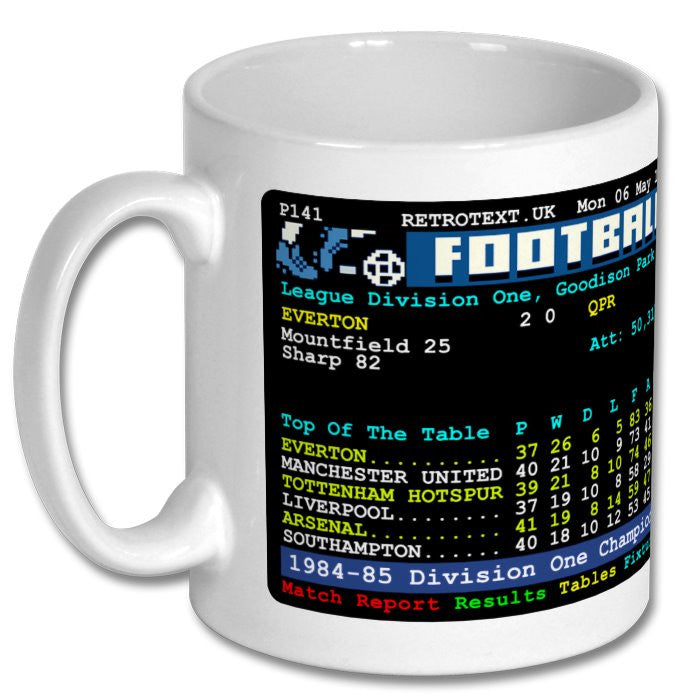 Retrotext white ceramic mug featuring a 1985 Everton Division One Champions Teletext score screen design.