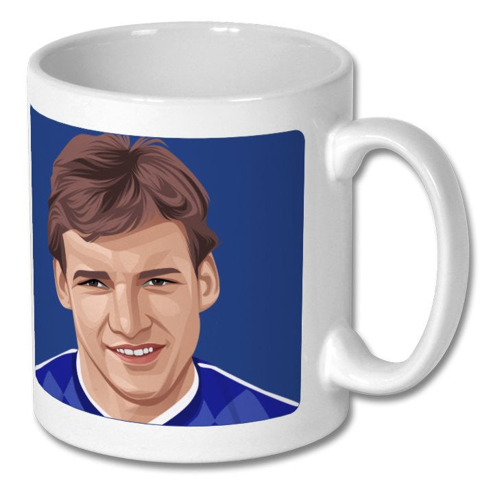 Retrotext Everton 1987 Division One Champions mug featuring a glossy white finish and a player portrait illustration.
