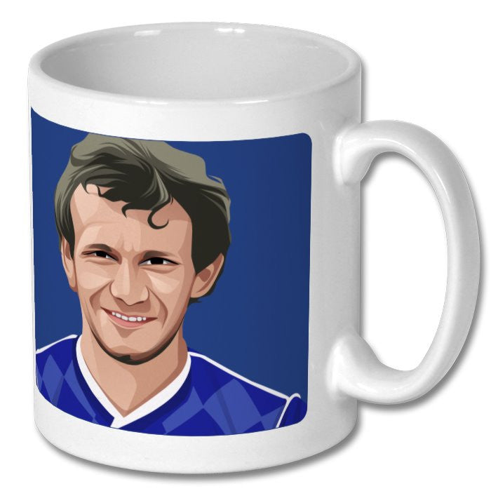 Retrotext Everton 1987 Division One Champions mug featuring a player illustration on a glossy white ceramic finish.